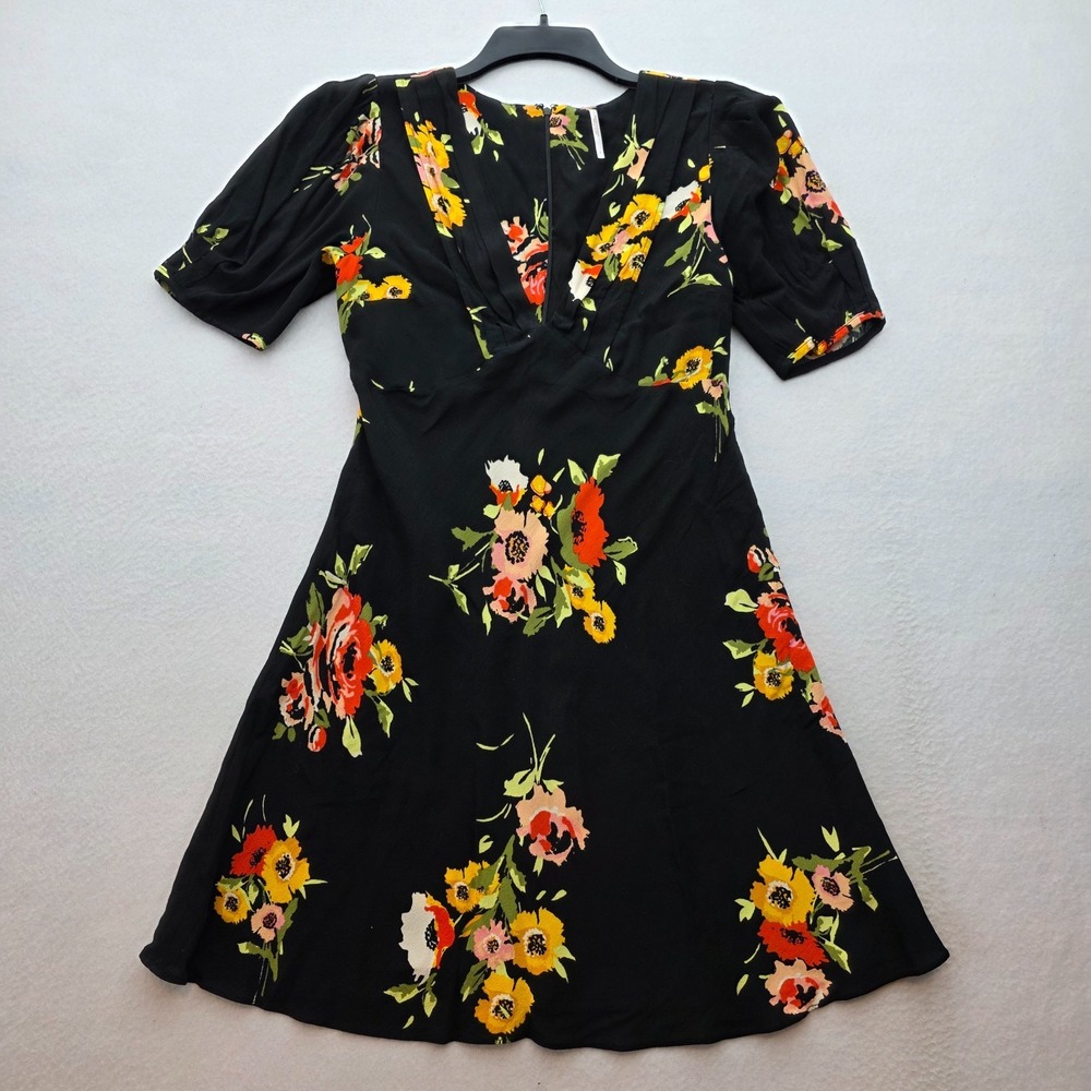 Free People Womens Floral V-Neck Mini Dress Black Short Sleeve Size 2